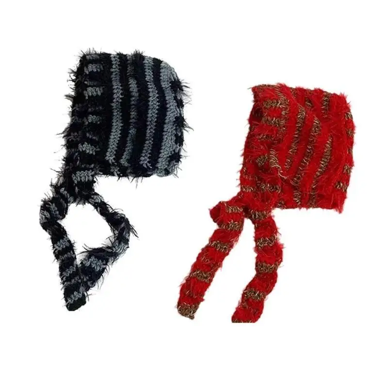 31BB Popular Striped Tieup Hat for Female Soft Pullover Skull Hat 2000s Cool Elegant Knitted Hat Breathable Ear Flap