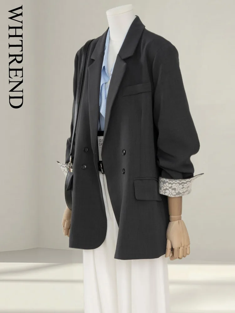 

WHTREND серый блейзер для женщин, осень 2022, новый кружевной лоскутный рукав, корейский стиль, свободный повседневный женский пиджак, пальто WH1563