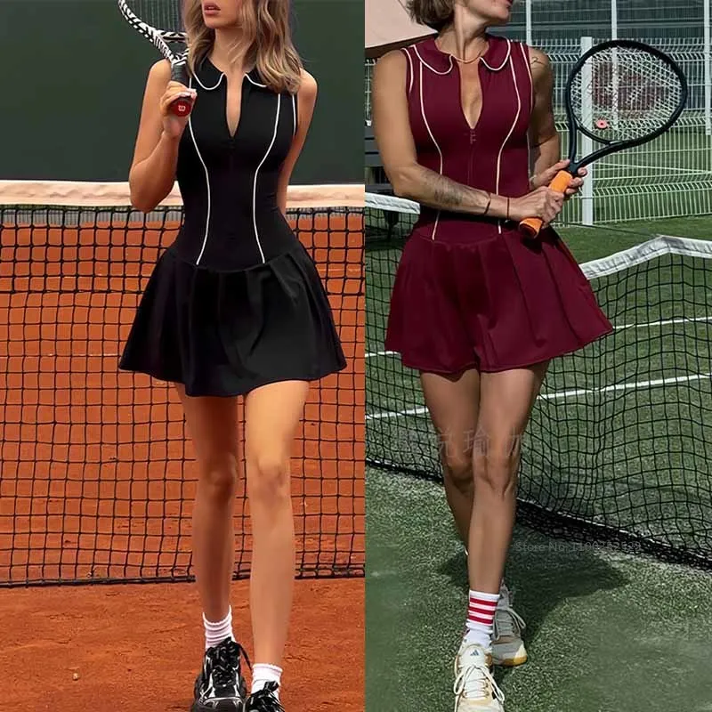 Summer Golf Tennis Dress for Women Sleeveless Zipper V-neck Sports Dresses High Waist Training Workout Skirt with Bra and Short