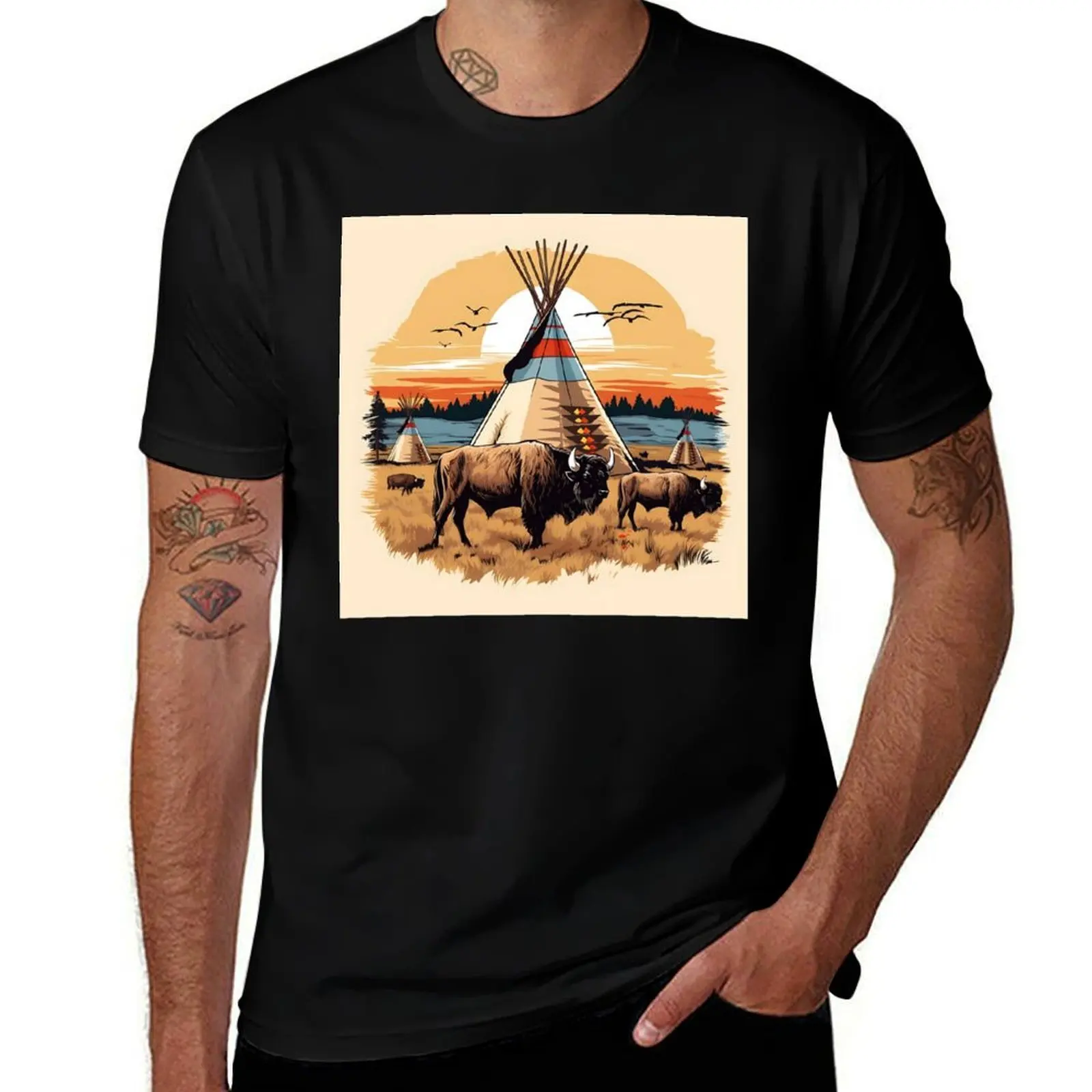 

Traditional Native American scene with teepees and buffalos – cultural vibrancy. T-Shirt