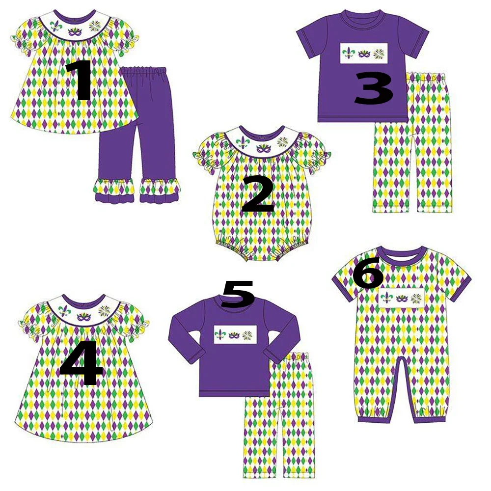 Mardi Gras Kids Clothes Boutique Short Sleeve Elastic Arrow Firework Print Pants Lace Girls Boys Plaid Pants Set Baby romper