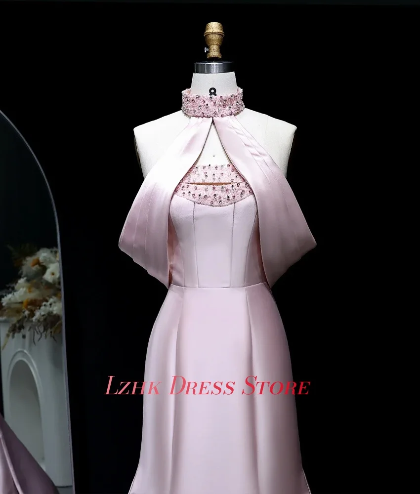 Vestido de noche de cristal con hombros descubiertos, sirena de satén elegante personalizado, manga corta de alta calidad, cuello Halter