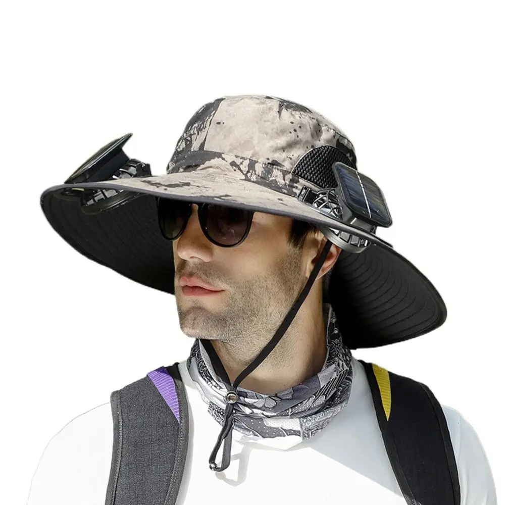 

2 Solar Fan Sun Hat with Solar Fan Waterproof USB Recharging Sun Bucket Hat Sun Protection Adjustable Wide Brim Sun Hat Men