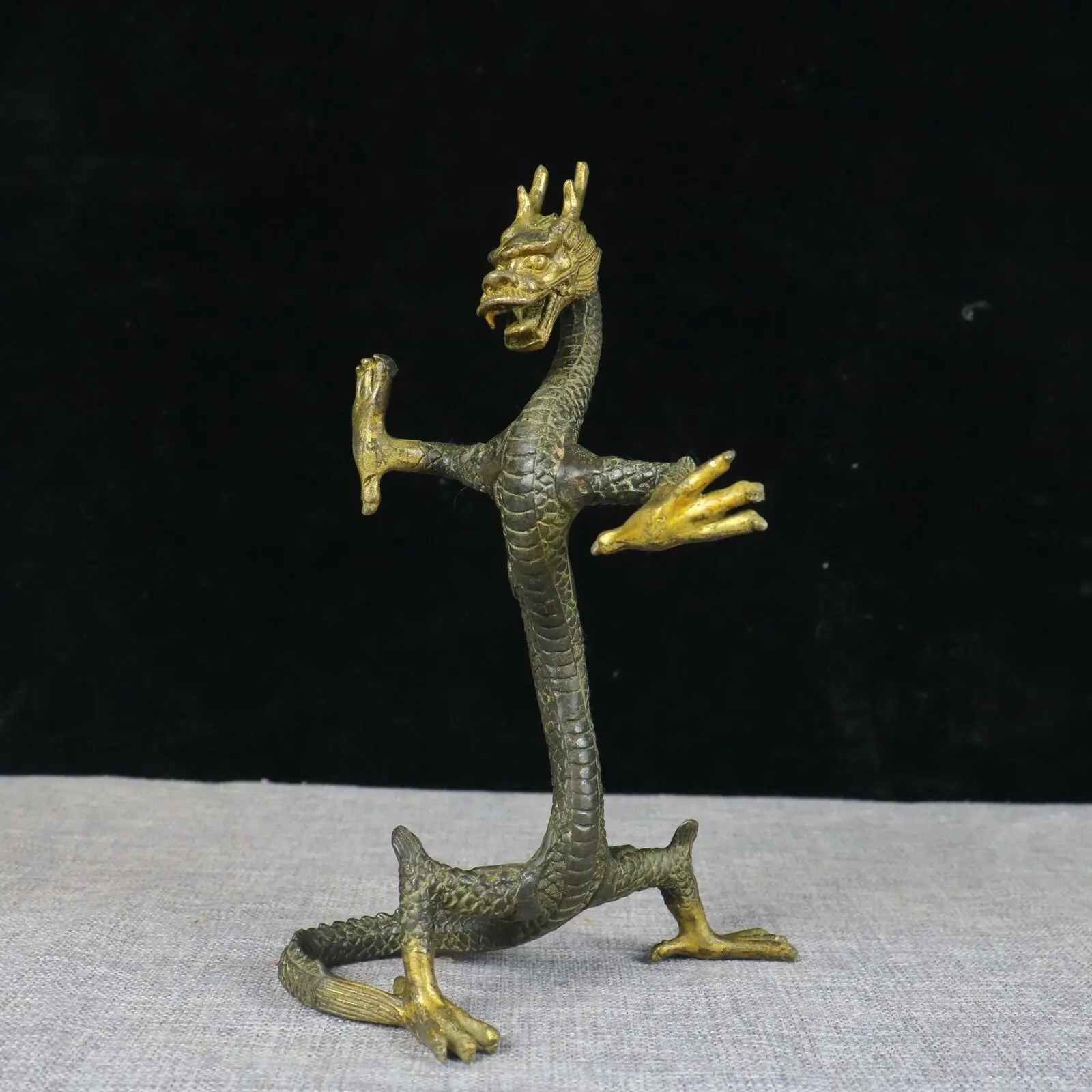 

9 inch bronze gild sculpture auspicious beast five claw stand dragon statue