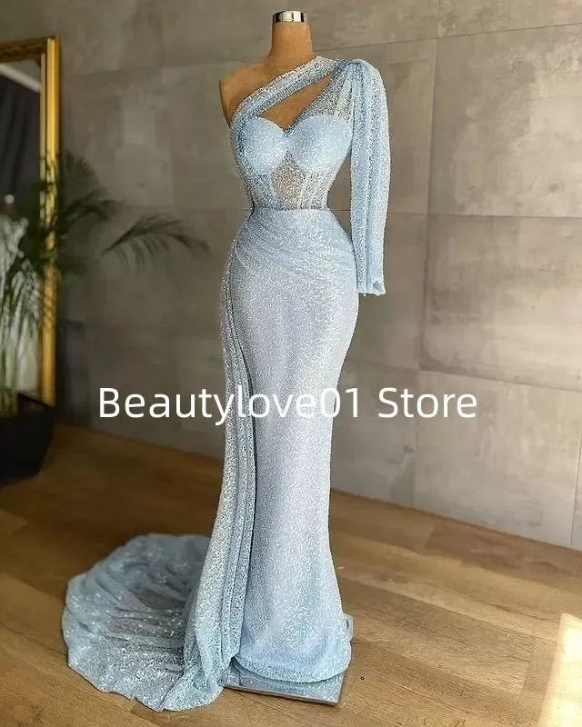 Charm Plus Size One Shoulder Sequin Prom Dress Temperament One Sleeve Evening Dress Second Reception Bridesmaid Dress Order2024