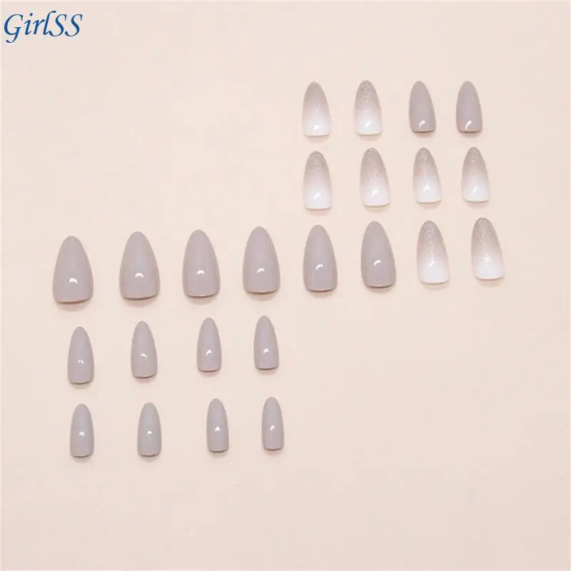 24pcsがネイルナチュラルグラデーションフランスのアーモンド形状の虚偽の爪を毎日のオフィス摩耗のためのグリッターでfalseアプリケーションt4mb