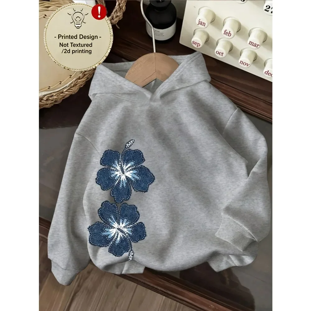 Children's Hooded Sweater Dark Blue Floral Print Casual, Comfortable and Soft Spring and Autumn Models Can Be Used As Gifts