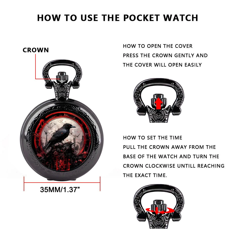 Creative Retro Crow Bird Quartz Pocket Watch for Women Men Black Necklace, Unique Pendant Clock Chain Watch Gift Accessories