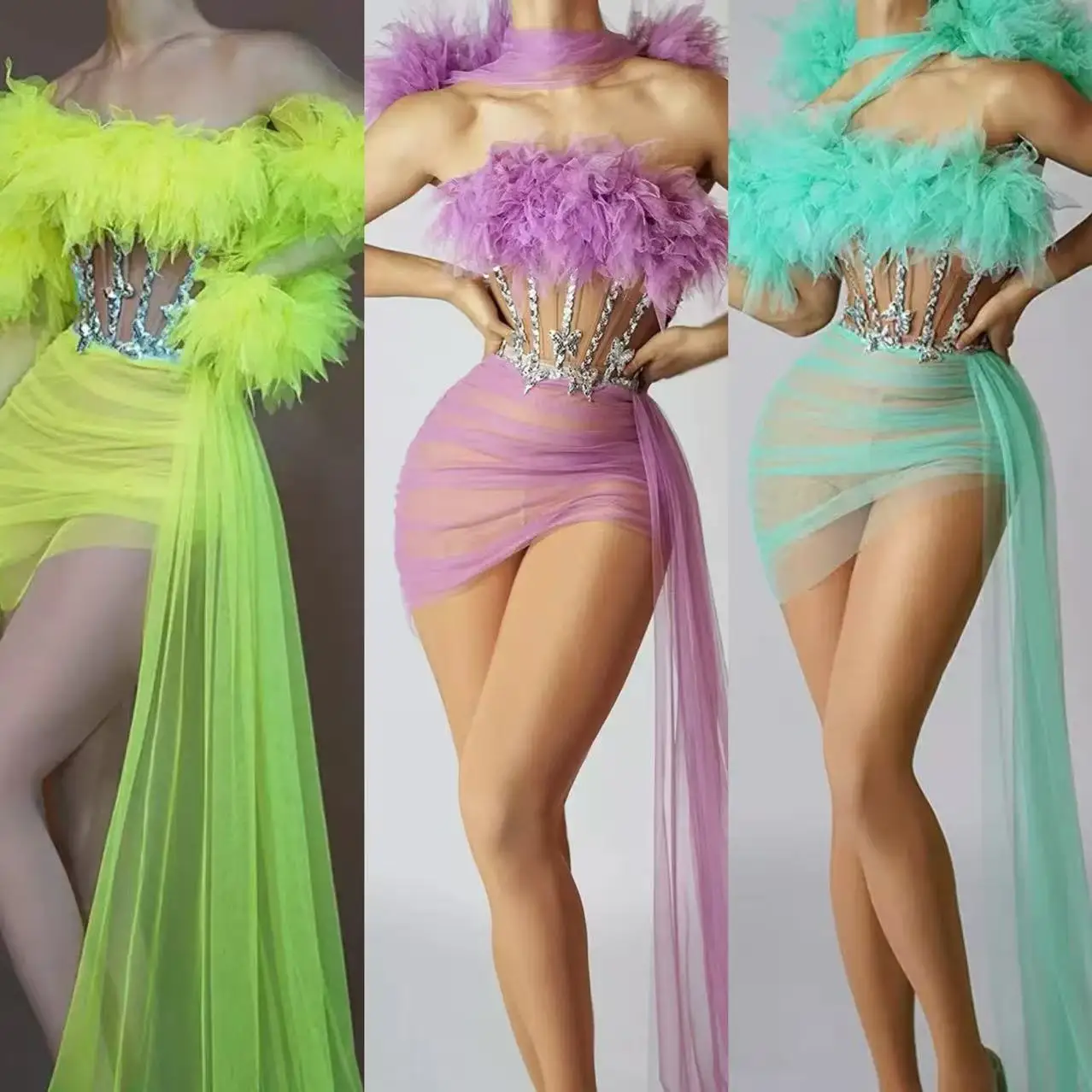 

Dance Singer Costume Sexy Queen Purple Sleeveless Wear Women See Through Mesh Sequin Stunning 2 Pcs Set Outfit