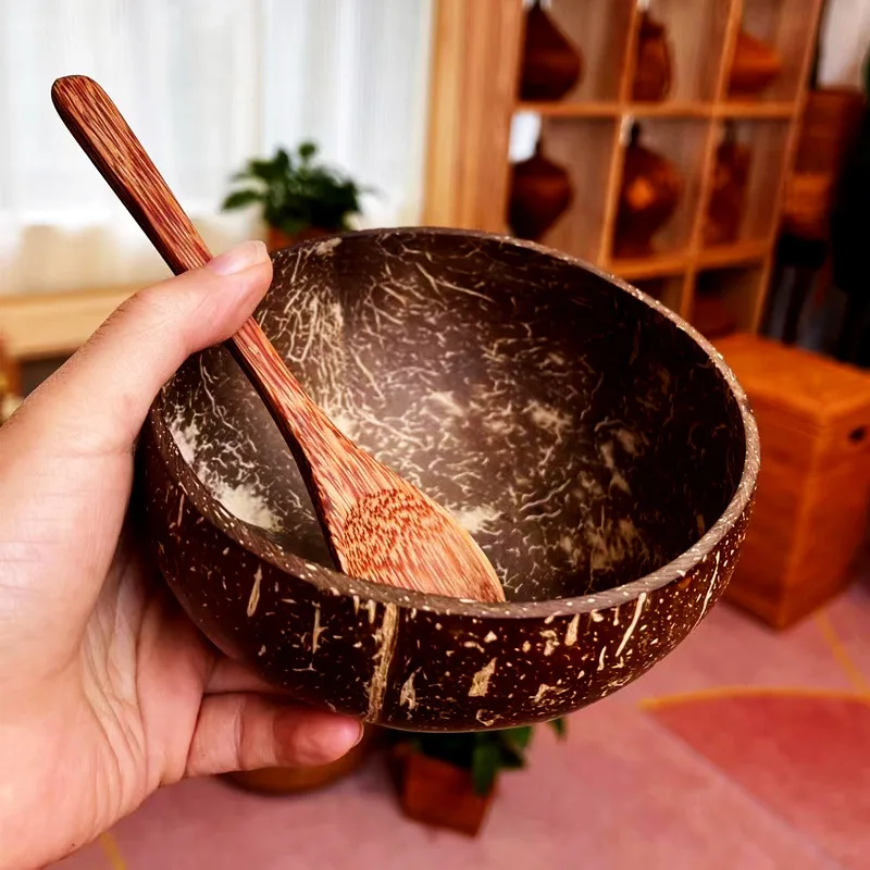 Tigela e colher de casca de coco natural conjunto para servir pratos salada de madeira reutilizável utensílios de cozinha tigelas de coco tigela de frutas