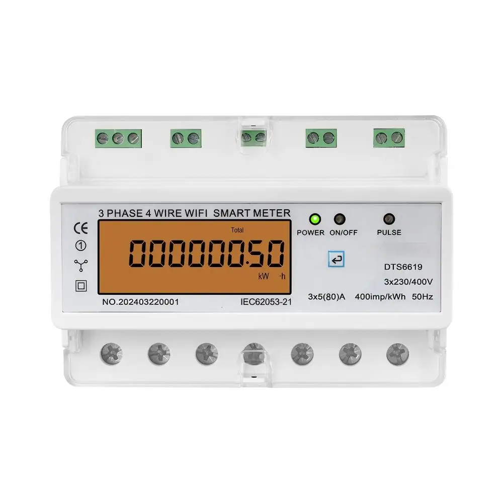 3 Phase 4 Wire WiFi Smart Energy Meter Tuya APP Monitor Voltage Current Power Factor Frequency 5(80)A/5(100)A DIN Rail KWh Meter