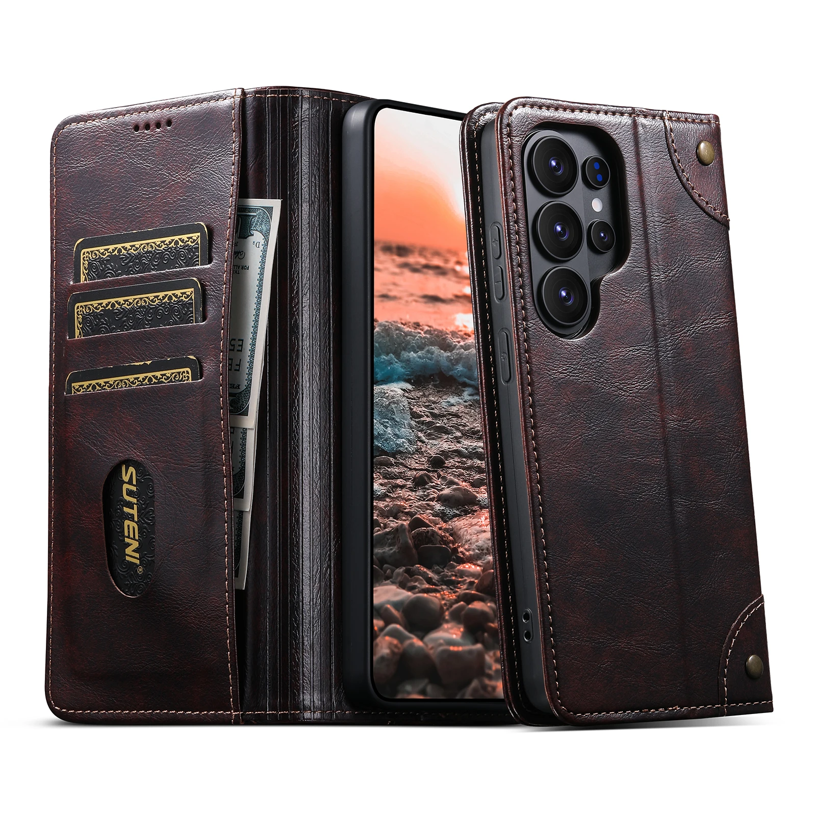 SUTENI Phone Case Faux Leather Card Holder Stand Wallet Magnet Flip Cover For Galaxy S26 Ultra S25 Plus S24 S23+