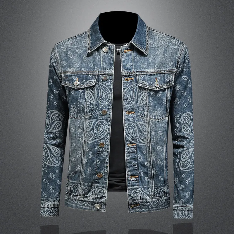 

Retro Waed Print Collared Denim Jaet Men's Slim Fit Spring Autumn New Sle Casual Cotton Blend Long Sve Jeans Jaet