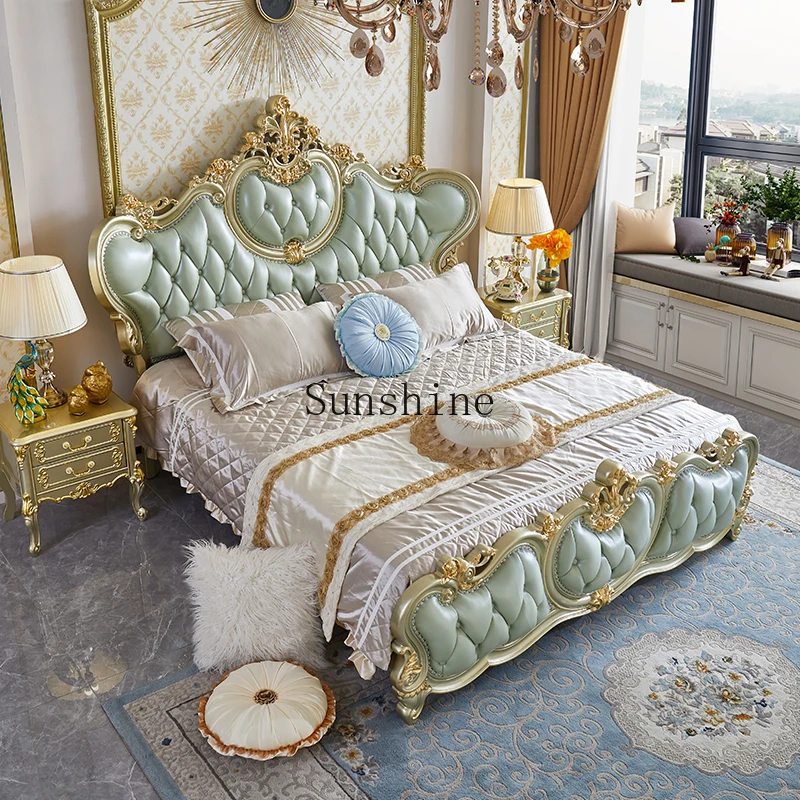 

European luxury double leather solid wood master bedroom wedding bed carving simple and modern