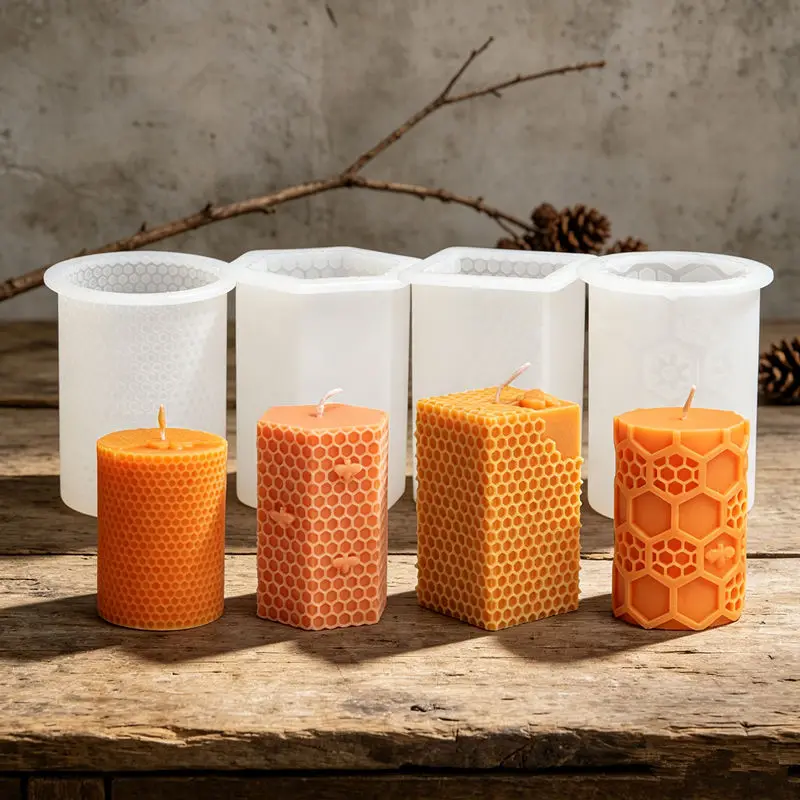 Honeycomb Bee Pillar Silicone Candle Mold, Square Round Hexagonal Column Design DIY Handmade Scented Candle Plaster Resin Craft