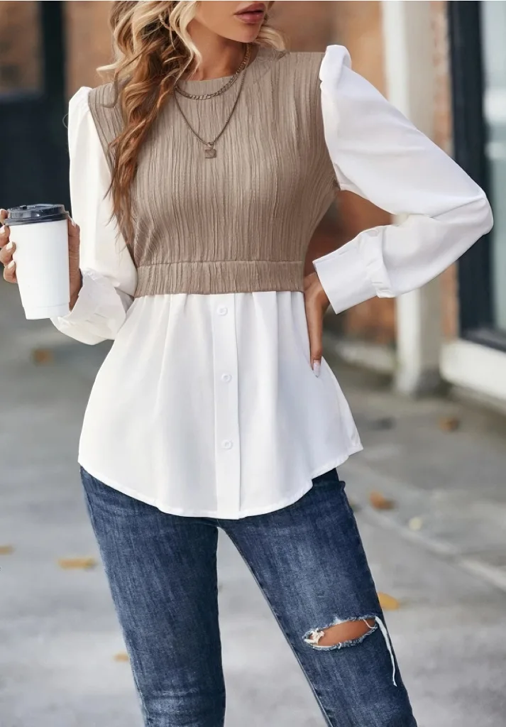 

Patchwork Fake Two Shirts For Women 2023 Casual O-neck Puff Sleeve Wave Blouse Autumn Fashhion Slim Button Top Femme