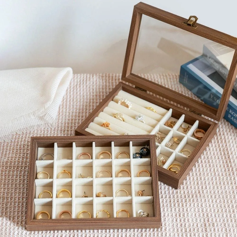 

Элегантная деревянная шкатулка для драгоценностей в стиле ретро, бархатный пыленепроницаемый органайзер для ювелирных изделий, стеклянная крышка, коробка для хранения сережек, лоток для дома