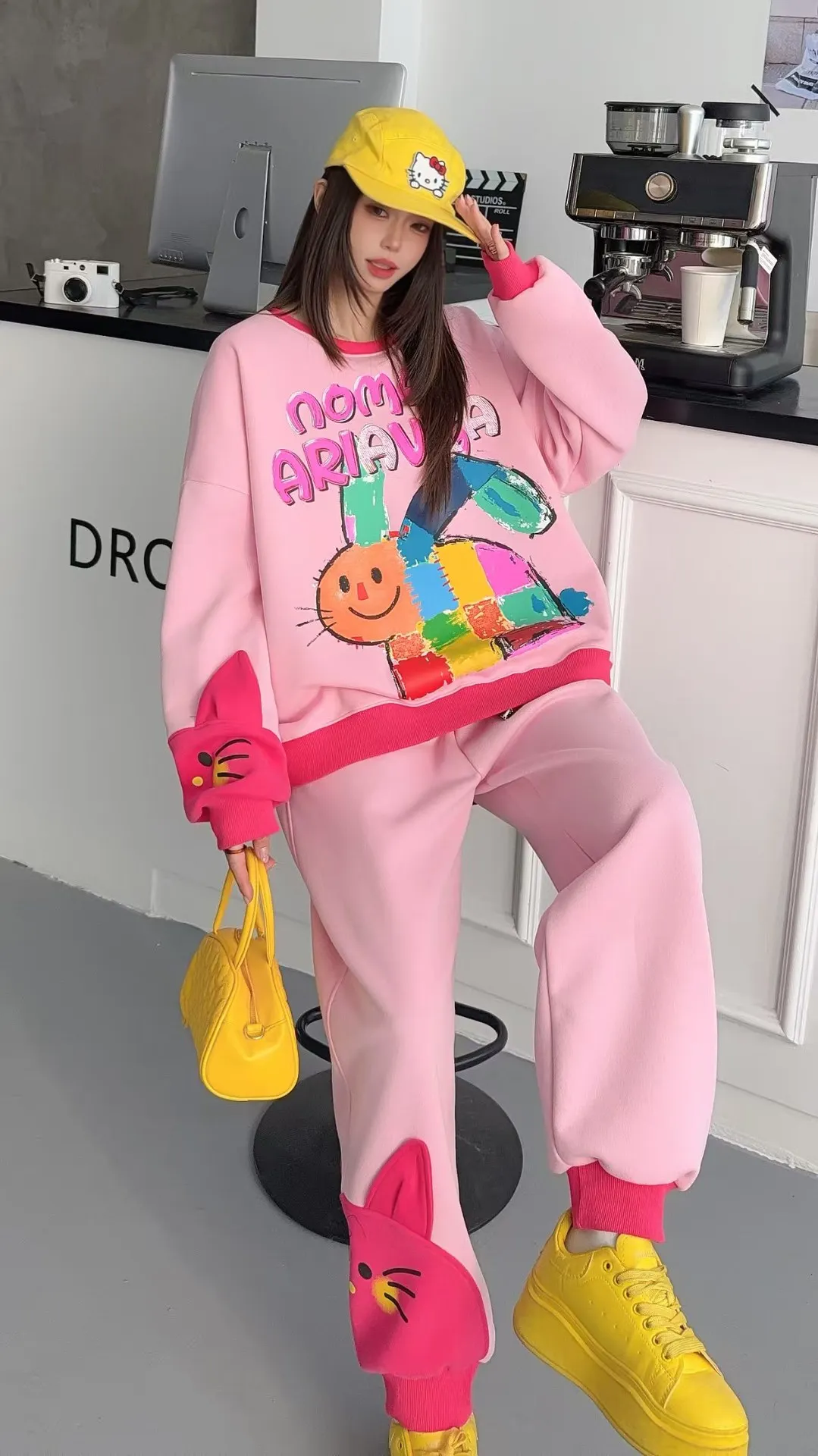 2026 Spring Multicolor Rabbit Letter Print Oversized Pant Sets 2 Piece Woman Japanese Korean Fashion Casual Pullove Sweatshirts