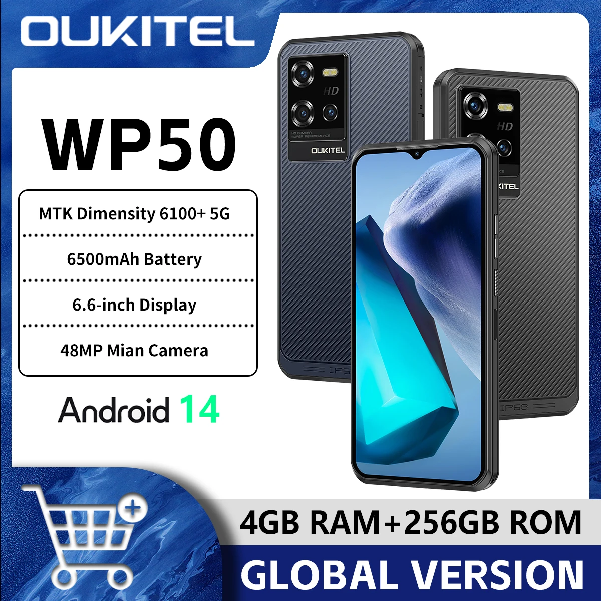 Прочный смартфон Oukitel WP50 5G 6,60 дюйма HD + 6500 мАч 16 ГБ + 256 ГБ мобильный телефон Android 14 48 МП NFC сотовый телефон