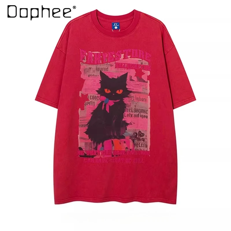 Summer European American High Street Men's Kitten Letter Print Versatile Loose Casual Black Red Round Neck Short Sleeve T-shirt