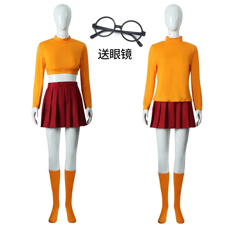 Velma cosplay uniforme anime mulher laranja topo + saia vermelha meias óculos peruca festa de halloween carnaval conjunto meninas traje