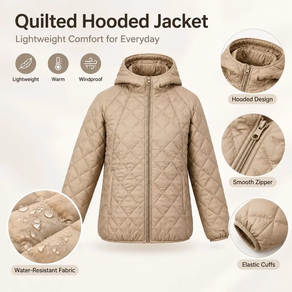 Simple Keep Warm Women's Outerwear Zipper Closure Hooded Outwear Coat Lightweight Light Jacket Fall Winter