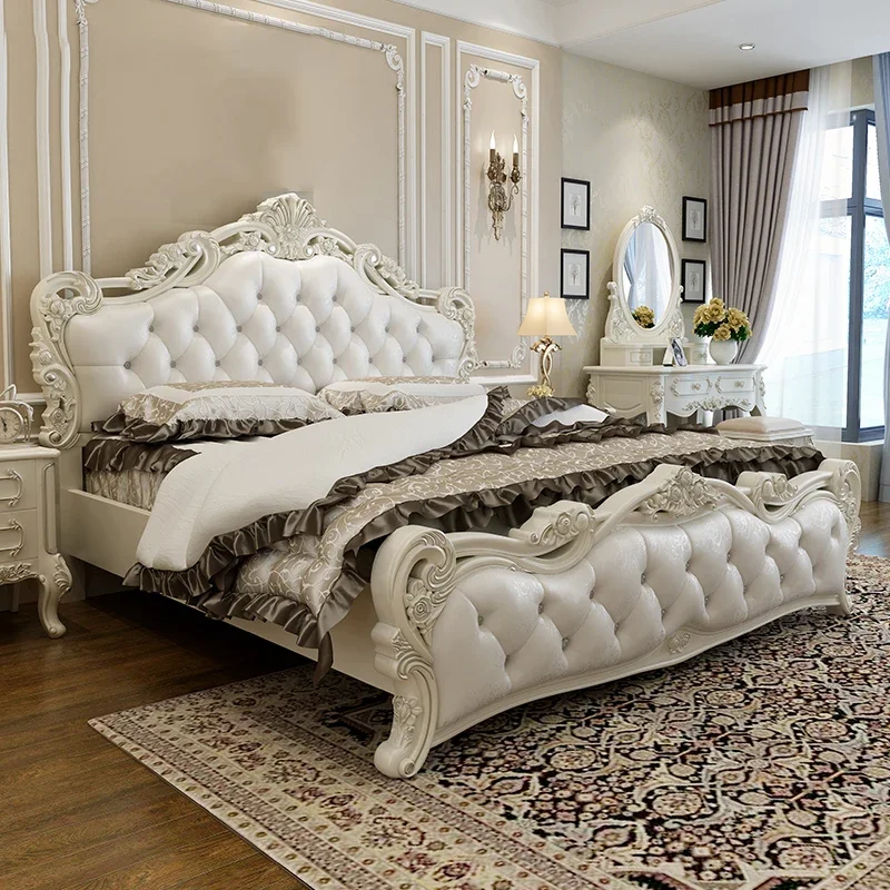 Modernes europäisches Doppelbett, weiße Villa, glamouröses Holz, luxuriöses Twin-Bettgestell, Kopfteil-Design, Cama-Box, Casal-Wohnmöbel