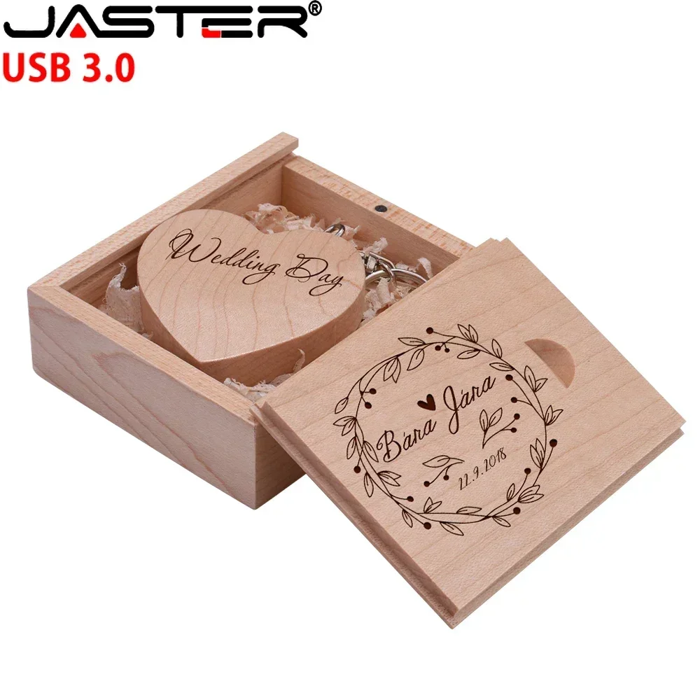 JASTER 10PCS/LOT Wooden Heart USB 3.0 Flash Drives 128GB  Free custom logo key chain Pen drive 64GB 32GB Business gift USB stick