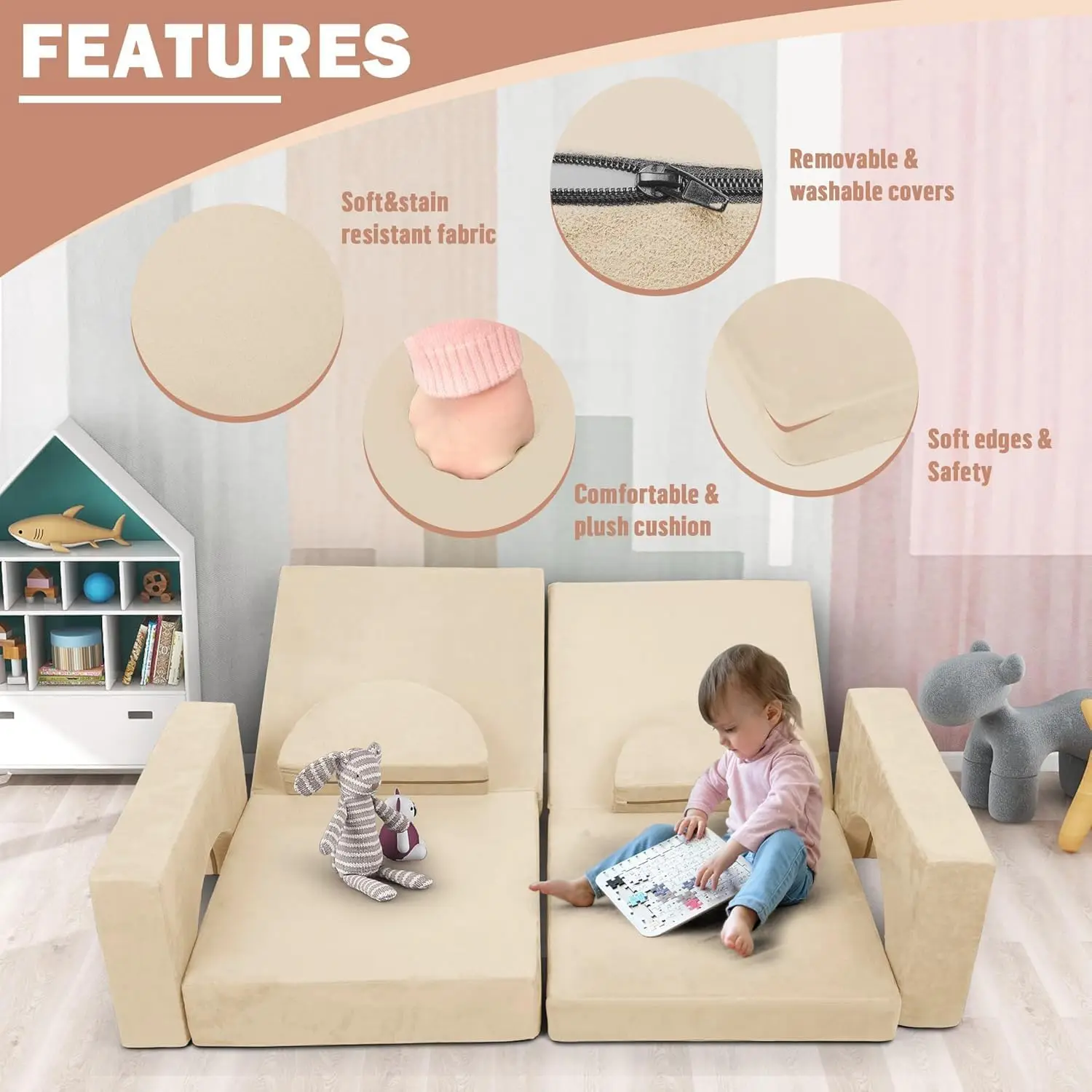 Modular Kids Play Couch, 10PCS Sectional Sofa for Creative Play, Beige