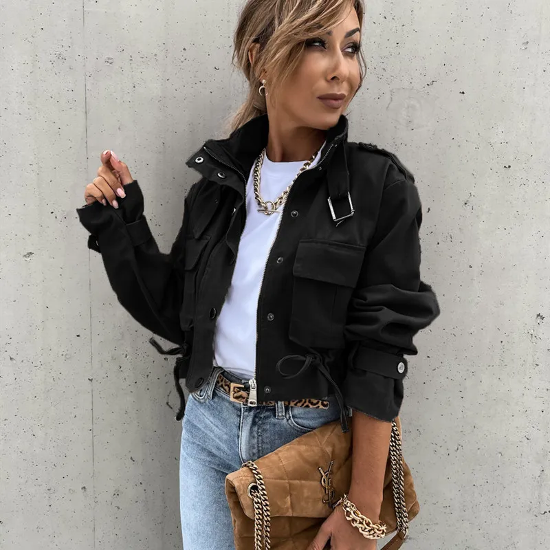 Women's Short Jacket Autumn Winter Clothes Street Style Slim Fit  Collar Composite Fabric Ladies Coat Tops