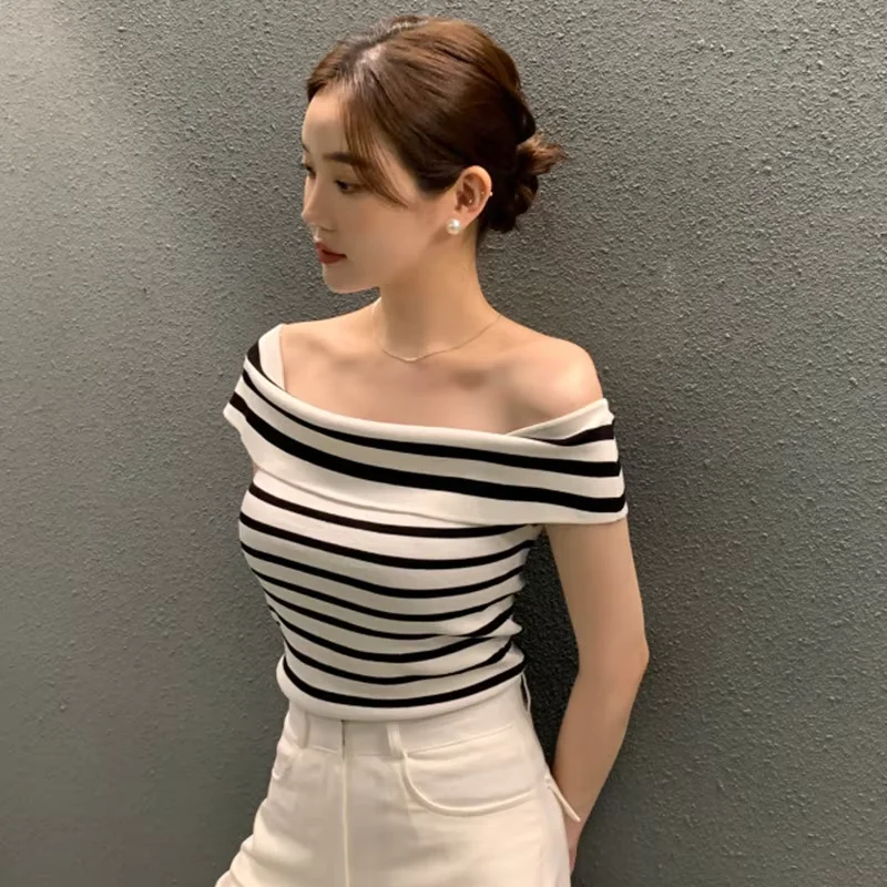 

Summer Fashion Women's Stripe Knitted T-shirt Sexy Off-Shoulder Top Short Sleeve Slim Fit Casual Comfortable Knitwear