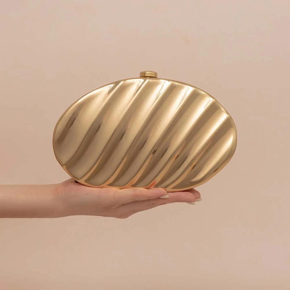

Luxury Glossy Iron Metal Case Acrylic Handbags For Women Fashion Small Gold Egg Shape Stripes Evening Bags Wedding Purse Clutch