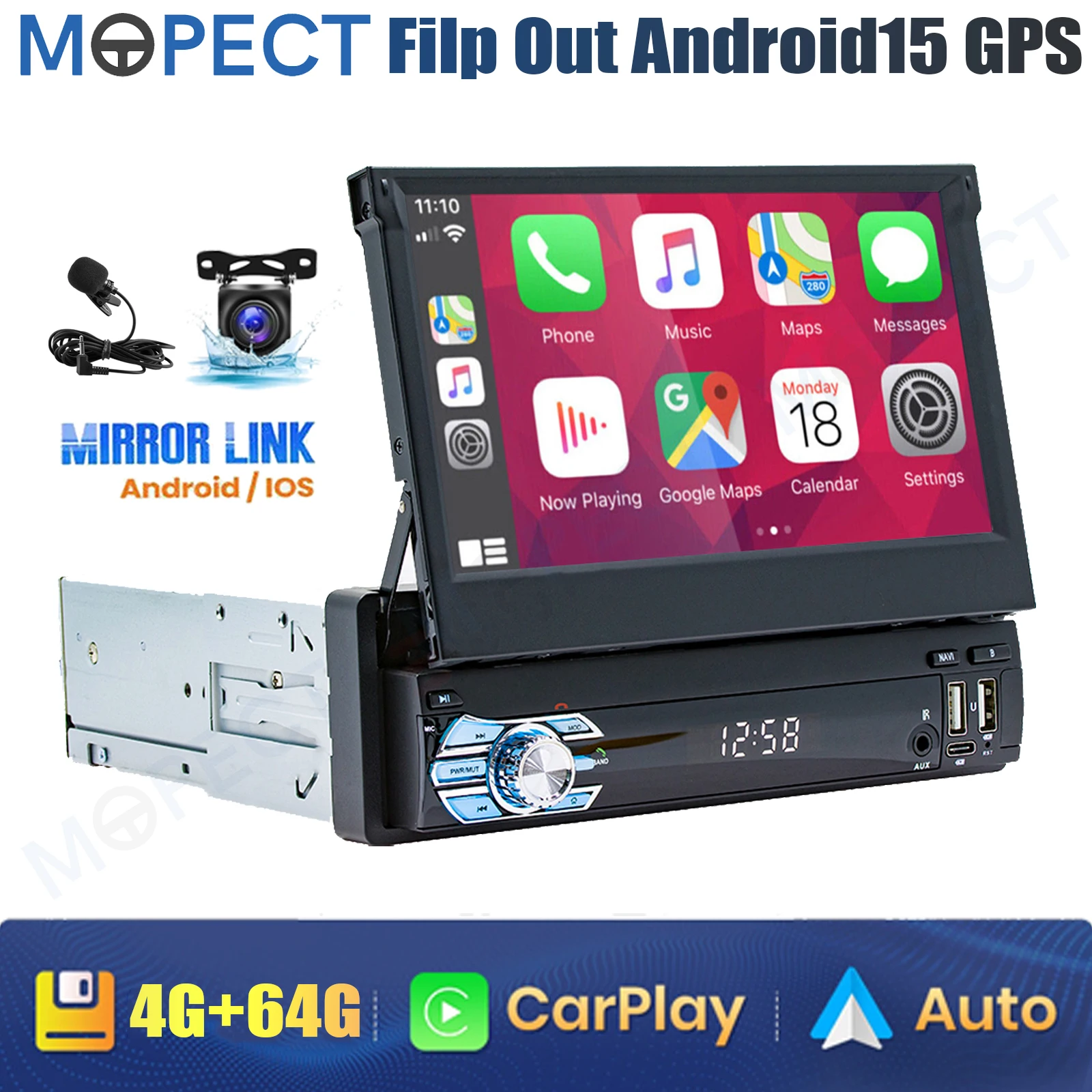 MOPECT 7" Single 1DIN Uitklapbaar Android 15 4+64G Autostereo Radio Touchscreen USB WiFi Carplay GPS Navigatie Head Unit MIC BT+DAB&AHD