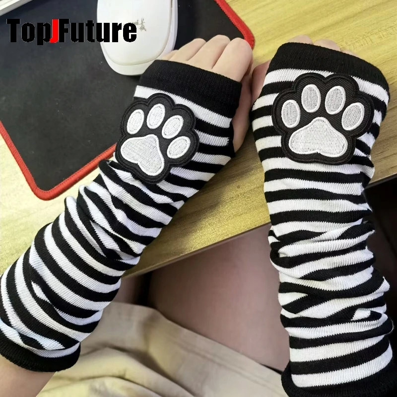 Women Men Gothic Lolita Glove Arm Cover Harajuku arm warmers Cat\'s paw Fingerless punk Long Wristband Y2K Girl gloves