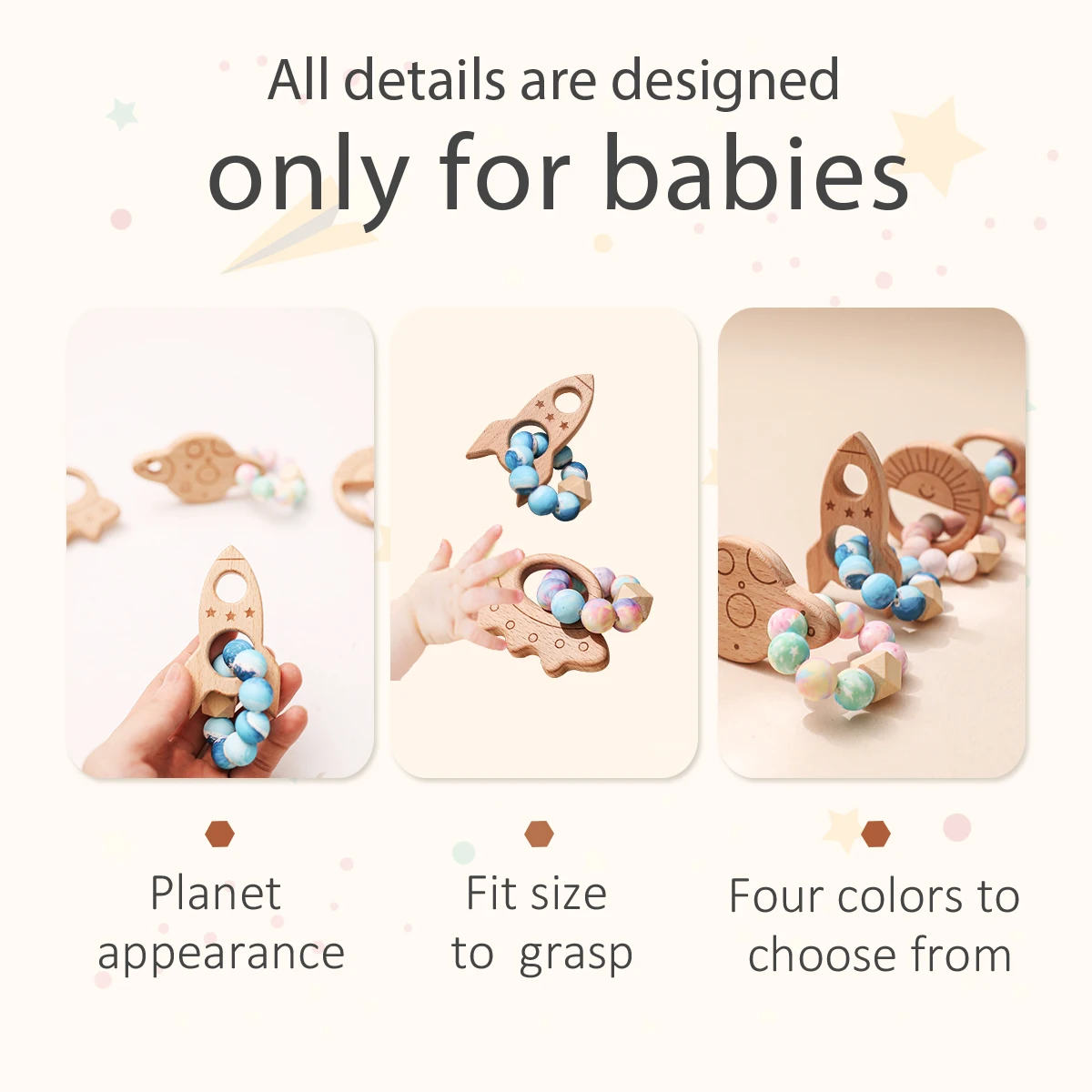 Planet ไม้สร้อยข้อมือเด็กทารก Care ผลิตภัณฑ์ไม้ Teething แหวน Baby Teether Rattle รถเข็นเด็กอุปกรณ์เสริมของเล่น