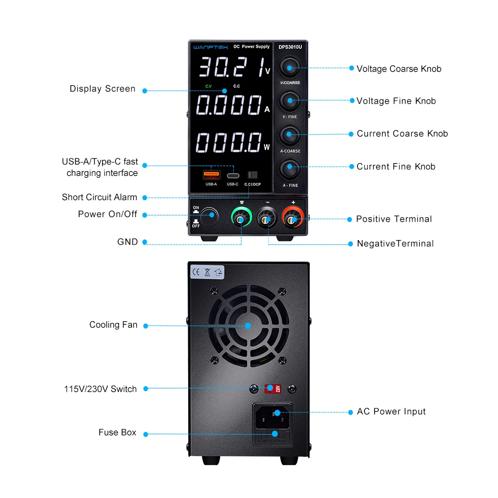 Wanptek Regulowany zasilacz DC 30V 10A 60V 5A z USB i regulowanym przełączaniem typu C Zasilacz laboratoryjny