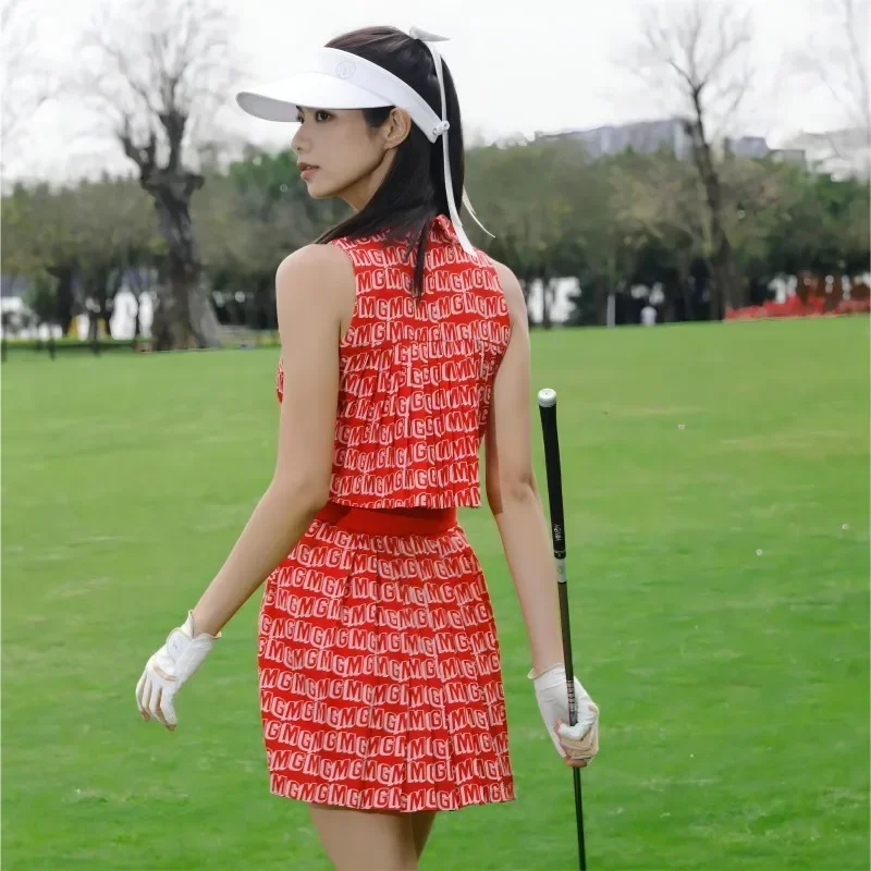 2024 MG Golf Lady Dress Open Waist Backless Pleated Skirt Casual Sleeveless Polo Collar Printed Dresses Short Skort