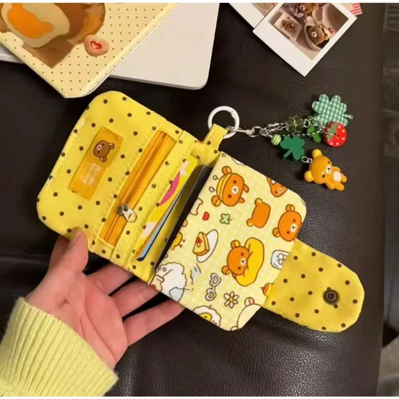 Korean Kawaii Bear Photocard Holder Canvas Yellow Polka Dot Foldable Card Wallet Student Idol Card Storage Organizer School Gift