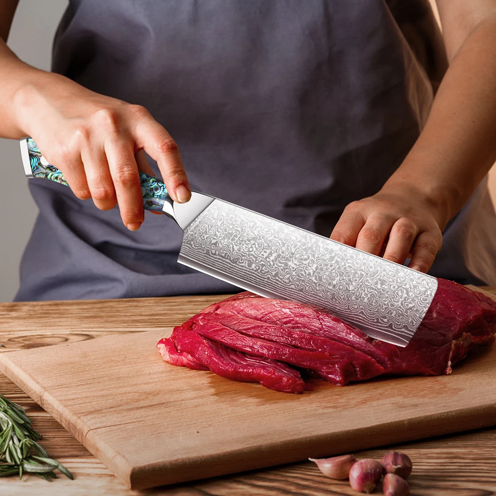 Nakiri, Kochmesser mit Damaszener Klinge, Küchenmesser, aus VG-10 Stahl, ideal zum Schneiden von Fleisch, Obst und Gemüse, für den Haushalt – Detail 2