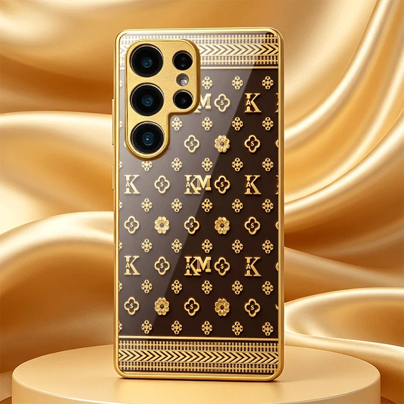 Golden KM Floral Fashion Exquisite HD glass phone case for Samsung Galaxy S26 S25 S24 S23 S22 FE,Ultra,Plus Dropresistant