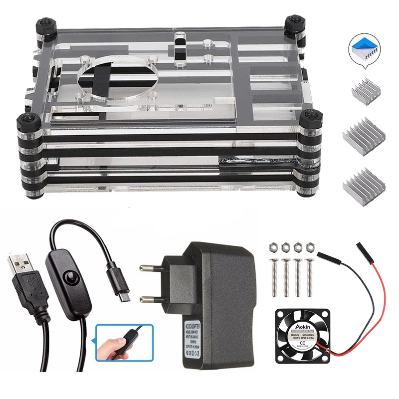 

Raspberry Pi 3 4 Case 9 Layers Acrylic Box Shell Cover with Cooling Fan Heatsink Power Plug for Raspberry Pi 4 3 Model B 3B Plus