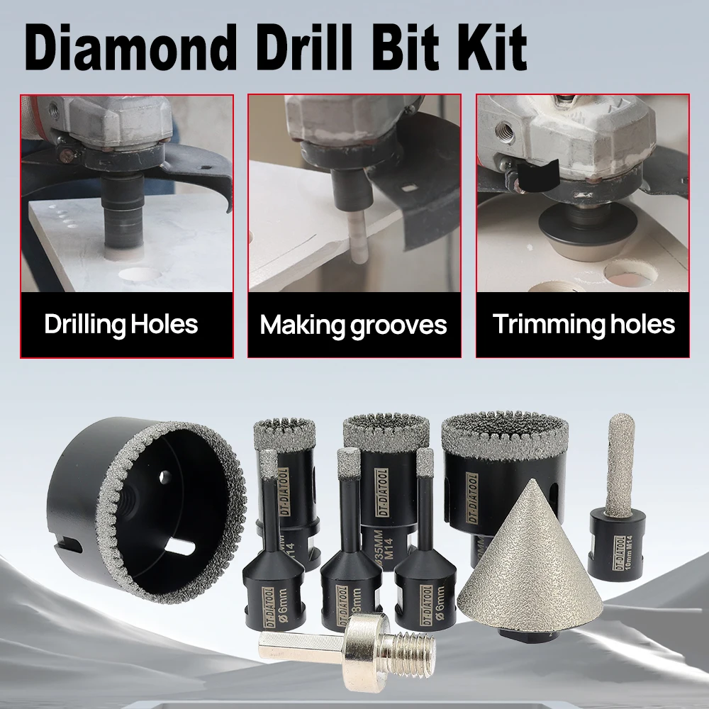 DT-DIATOOL Fliesenbohrer-Set 10-teilig Lochsäge Fräs- und Abschrägungsbits Sechskant 125mm Schneidscheiben für Keramik Marmor Granit M14 Gewinde – Detail 7