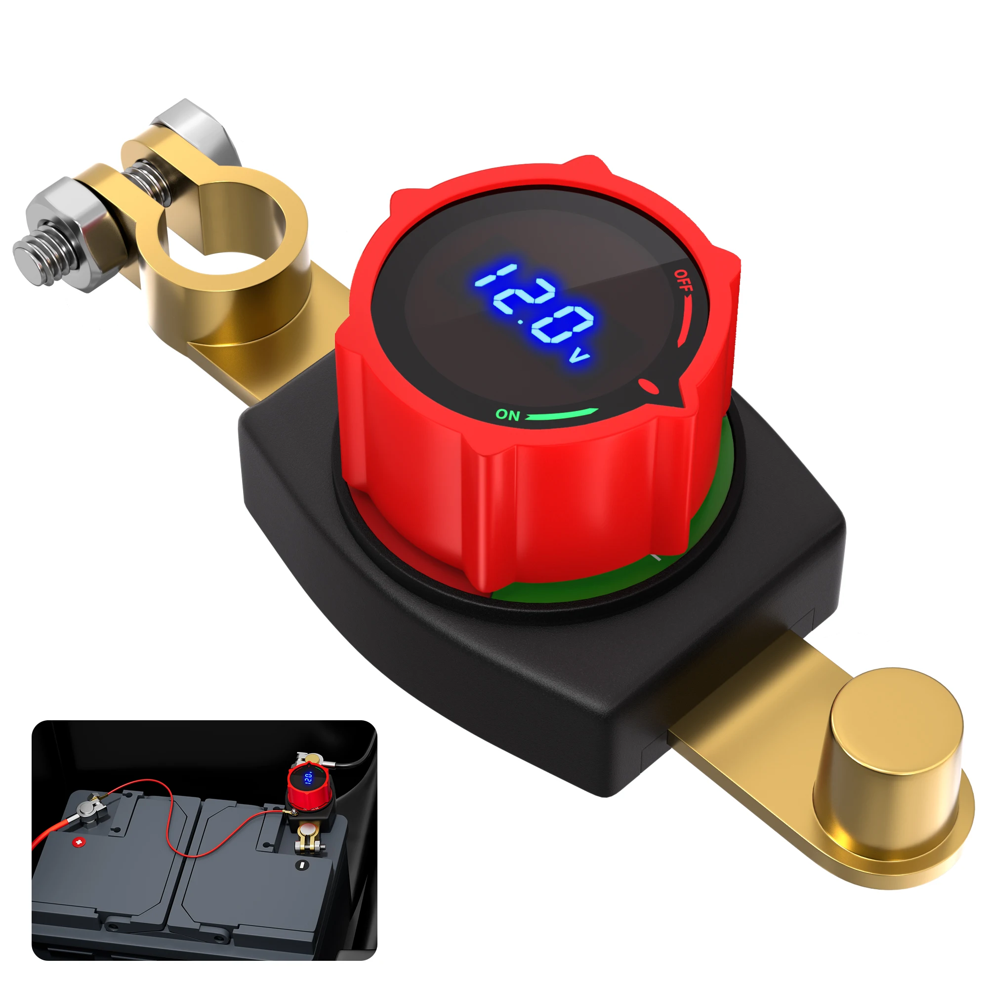 Top Post Battery Disconnect Switch 12V-48V with LED Voltmeter DC 5-60V Battery Kill Switch On/Off Battery Cut Off Switch For Car