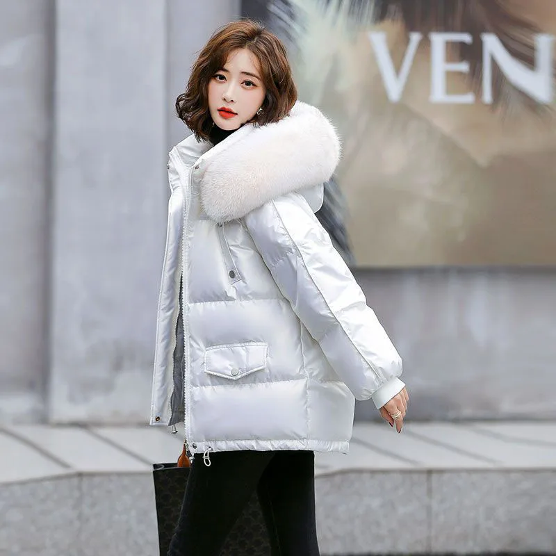 2024 New Korean Fashion Bright White Duck Down Loose Women's Down Jacket Winter Warm Hooded Solid Color Women's Down Jacket H172