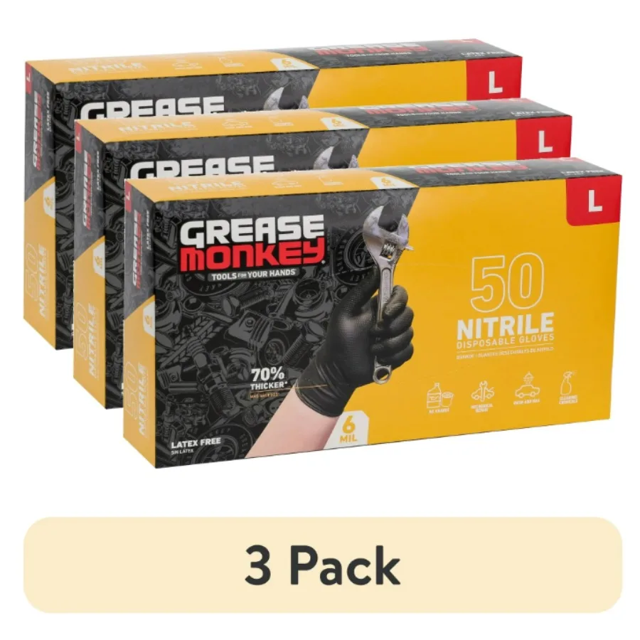 

3 pack Grease Monkey Nitrile Disposable Gloves Latex Free Touchscreen Black Large 50 Pack