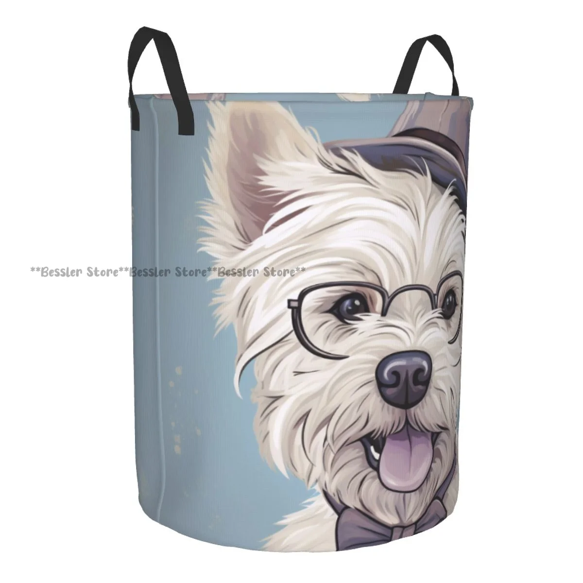 Laundry Basket Cute Dog Round Storage Bin Collapsible Hamper Clothes Bucket Organizer