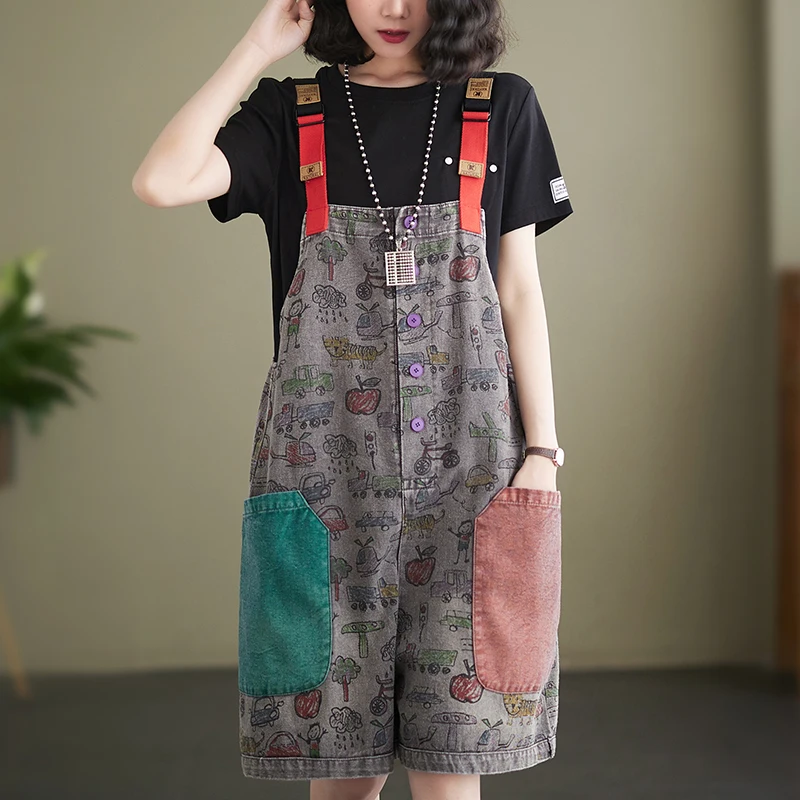 ファイオナブルプリントデニムオーバーオール レディース 夏 プラスサイズ トレンド 年齢を感じさせない 五分丈ワイドレッグパンツ