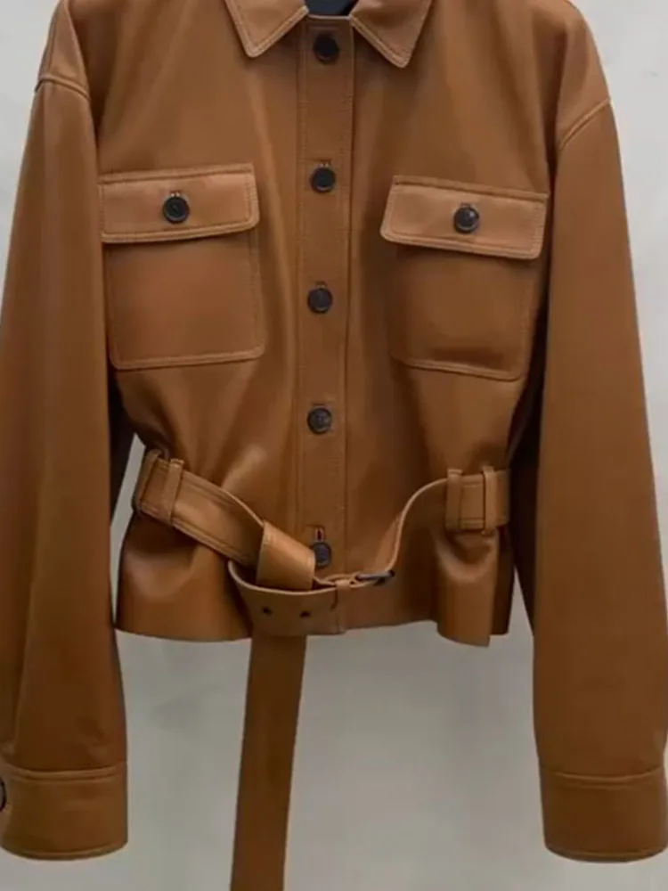 レトロブラウンレザージャケットレディースカジュアルルーズウエストベルト付きコート春2026ファッションハイエンド感覚通勤スレ
