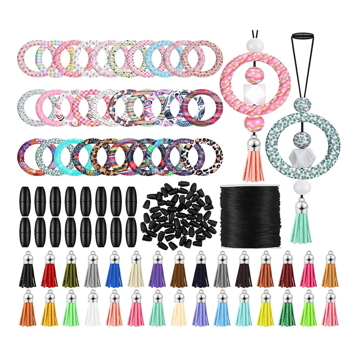 30 Sets Silicone Beaded Ring Making Kit 65mm Round Silicone Bead Rings and Keychain Tassels Bulk for DIY Keys