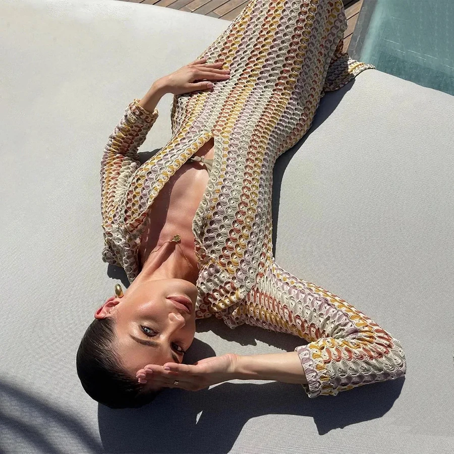 Abito lungo a righe colorate all'uncinetto, abito lungo sexy con spacco alto, abito da festa in spiaggia, gonna da spiaggia, copricostume bikini, giacca da bagno